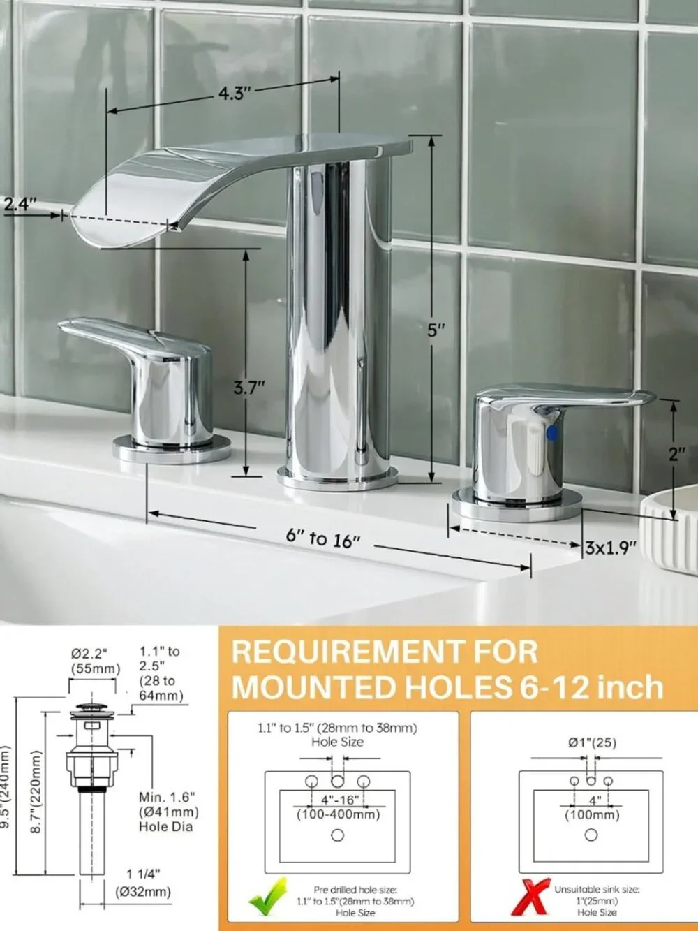 Chrome 8-Inch Widespread Bathroom Faucet with Waterfall Spout & Pop-Up Drain